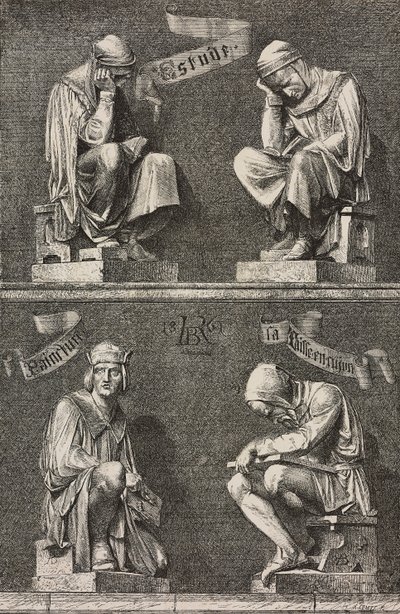 Allegorie van Studie, decoratieve figuren aan de basis van het standbeeld van Martin Schongauer, gemaakt door Auguste Bartholdi voor het klooster van Unterlinden, Colmar, Frankrijk door Frederic Auguste Bartholdi