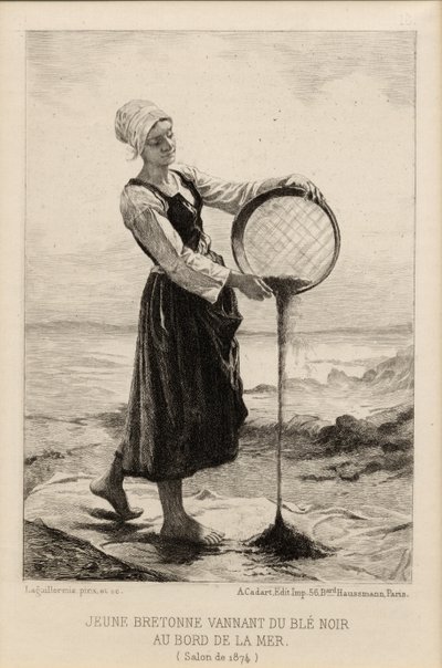 Een jonge Bretonse die boekweit wannen aan de kust, gegraveerd door Cadart in 1874 door Frederic Auguste Laguillermie