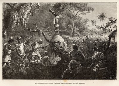 Abd es Samate, vriend en luitenant van Mounza, koning van de Mombuttous, daagt zijn vijanden de Zandes (of niam niam) uit die hen de oorlog hebben verklaard, gravure naar de tekening van Laguillermie, ter illustratie van een reis naar het hart van Afrika,  door Frederic Auguste Laguillermie