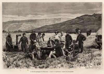 De geologische missie van de Verenigde Staten is jong in de vlakte, geëtst naar de tekening van Laguillermie, ter illustratie van een reeks geografische missies door het United States National Park, van 1870 tot 1872, door de heren Hayden, Doane en Langfor door Frederic Auguste Laguillermie