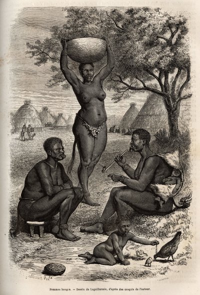 Typen en activiteiten van vrouwen Bongos (Centraal-Soedan), met hun metalen versieringen, bellen en nietjes die ze op hun oren en lippen zetten, gravure naar de tekening van Laguillermie, ter illustratie van de reis naar het hart van Afrika in 1868-1871, d door Frederic Auguste Laguillermie