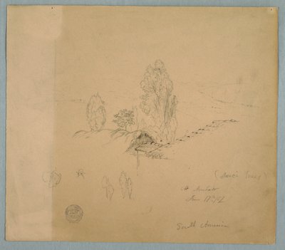 Een rieten dak en een pannendak met boomtoppen in een bergachtig landschap bij Chimborazo, Ambato, Ecuador door Frederic Edwin Church