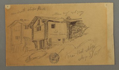 Details van Bergschuren, Huizen en een Rots, Berner Alpen, Zwitserland door Frederic Edwin Church