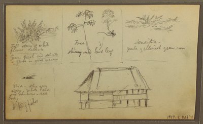 Tekening, Een fort; Verso: Botanische schetsen, Huis, 1857 door Frederic Edwin Church
