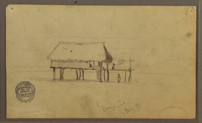 Tekening, Een hut op palen, Guayaquil, Ecuador, mei 1857 door Frederic Edwin Church