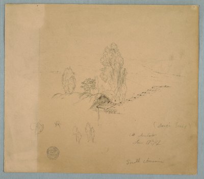 Tekening, Een rieten dak en een pannendak met boomtoppen in een berglandschap bij Chimborazo, Ambato, Ecuador, 17 juni 1857 door Frederic Edwin Church