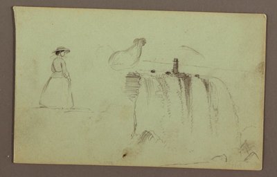 Tekening, Een wandelend meisje, een hurkende kip en de Amerikaanse watervallen op de Niagara rivier, mogelijk 1856 door Frederic Edwin Church