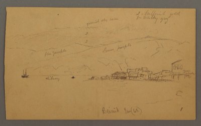 Tekening, Baai met huizen, bergen erachter, januari 1868 door Frederic Edwin Church