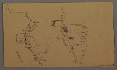 Tekening, Bootstudies, Wolkenstudie, Twee gebouwen, mogelijk 1868 door Frederic Edwin Church