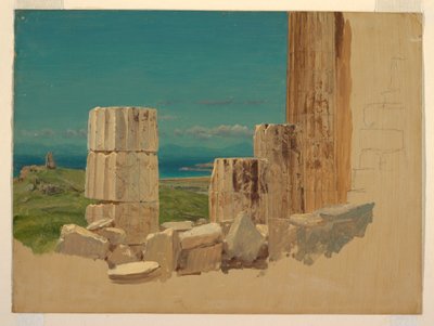 Tekening, Gebroken zuilen, uitzicht vanaf het Parthenon, Athene, april 1869 door Frederic Edwin Church