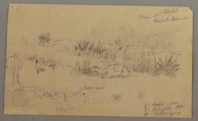 Tekening, Drinkende kamelen op een heuvel, 22 februari, mogelijk 1868 door Frederic Edwin Church