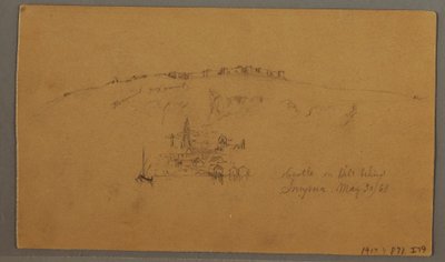 Tekening, Kasteel, Minaret, Zeilboten, Huis, mei 1868 door Frederic Edwin Church