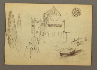 Tekening, Kasteel aan het water, boot, bomen, mogelijk 1868 door Frederic Edwin Church