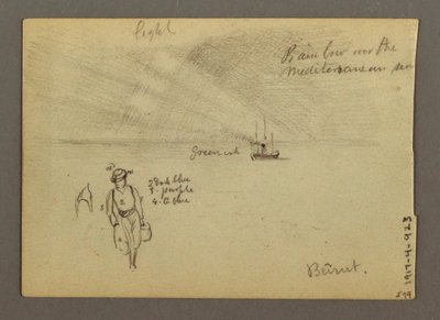 Tekening, Kasteel aan het water, boot, bomen, mogelijk 1868 door Frederic Edwin Church