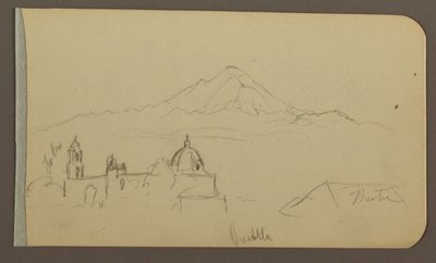 Tekening, Kathedraal, Berg, Cuautla; Verso: Huis, Kerk, Boom Cuautla, februari 1885 door Frederic Edwin Church