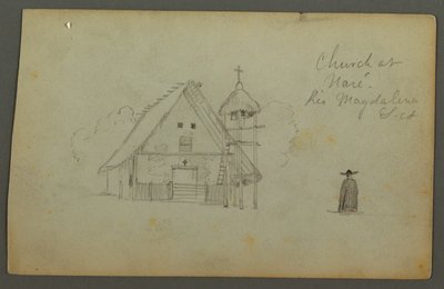 Tekening, Kerk in Naré, Rio Magdalena, Colombia, 1853 door Frederic Edwin Church
