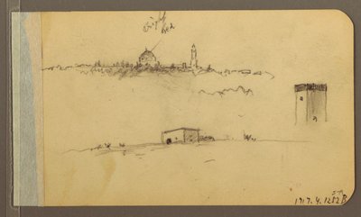 Tekening, Kerk, toren, huis; Verso: Bergketen, 1889 door Frederic Edwin Church