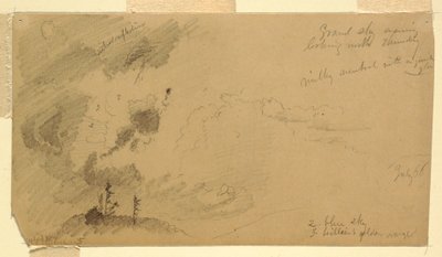 Tekening, bewolkte avondlucht boven een heuvelrug, juli 1866 door Frederic Edwin Church