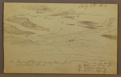 Tekening, bewolkte lucht boven vallei, juli 1863 door Frederic Edwin Church