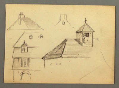 Tekening, hoek van herenhuis, daken, mogelijk 1868 door Frederic Edwin Church