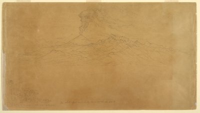 Tekening, Cotapaxi vulkaan uitbarstend achter bergketens, Ecuador, 1857 door Frederic Edwin Church