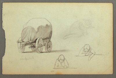 Tekening, Huifkar, Drie studies van een vrouw, mogelijk 1868 door Frederic Edwin Church