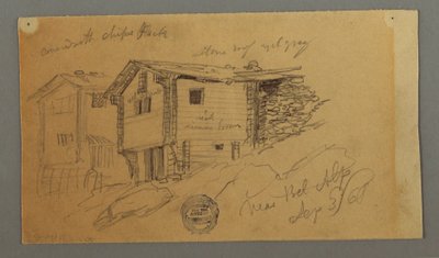 Tekening, Details van bergschuren, huizen en een rots, Berner Alpen, Zwitserland, 3 september 1868 door Frederic Edwin Church