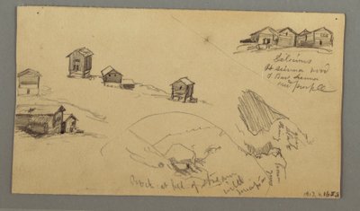 Tekening, Details van bergschuren, huizen en een rots, Berner Alpen, Zwitserland, 3 september 1868 door Frederic Edwin Church