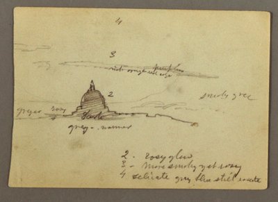 Tekening, Ver uitzicht op de koepel van de Sint-Pietersbasiliek, Rome, Italië, januari 1869 door Frederic Edwin Church