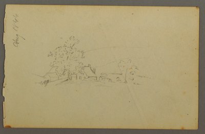 Tekening, Boerderijgebouwen in de verte, 1844 door Frederic Edwin Church