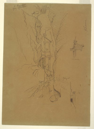 Tekening, El Khasneh van de Sik, Petra, eind februari 1868 door Frederic Edwin Church