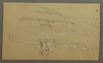 Tekening, El Yemen-vallei, Arabië: Rotsmuur met het bovenste deel dat lijkt op een rij zuilen, 20 februari 1868 door Frederic Edwin Church