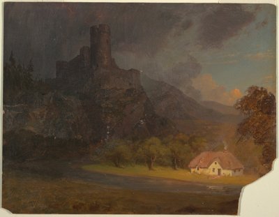 Tekening, Engels kasteel en huisje, ca. 1844 door Frederic Edwin Church
