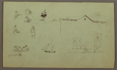 Tekening, Figuurstudies, Zeilboot, Architectuurstudies, mogelijk 1868 door Frederic Edwin Church