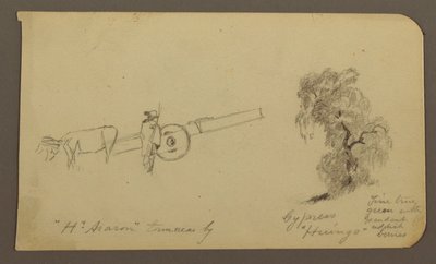 Tekening, Figuur en ossenkar, Cypresboom; Verso: Uitzicht over het Cuitzeomeer, januari 1885 door Frederic Edwin Church