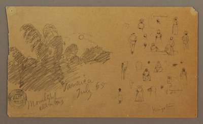 Tekening, figuren, bamboe bij maanlicht, juli 1865 door Frederic Edwin Church