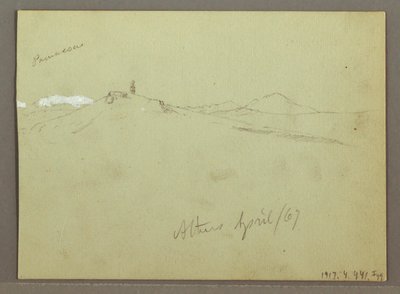 Tekening, Kudde schapen en herder, besneeuwde bergketens, april 1869 door Frederic Edwin Church