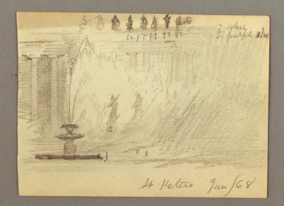Tekening, Fontein op het plein van de Sint-Pietersbasiliek, Rome, Italië, januari 1868 door Frederic Edwin Church