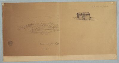Tekening, toegangspoort en gedeeltelijk zicht op Guaranda, Ecuador, 3 juni 1857 door Frederic Edwin Church