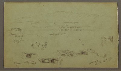 Tekening, heuvelrug over vlakte, ruïnes, 28 april 1868 door Frederic Edwin Church