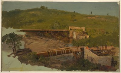 Tekening, Heuvel met viaducten en verwoeste molens, bij Catskill, New York, ca. 1865 door Frederic Edwin Church