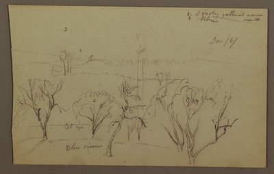 Tekening, Heuvels, Bomen, Laagstaande zon, 1867 door Frederic Edwin Church