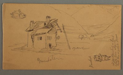 Tekening, Hlaf-Ruined House in Valley, Twee figuren, 1868 door Frederic Edwin Church