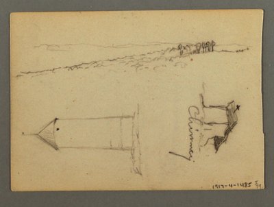 Tekening, Huis boven klif, torens, mogelijk 1868 door Frederic Edwin Church