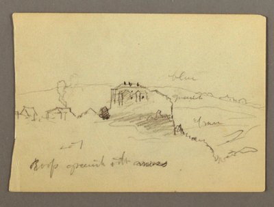 Tekening, Huizen op heuveltop, mogelijk 1868-69 door Frederic Edwin Church