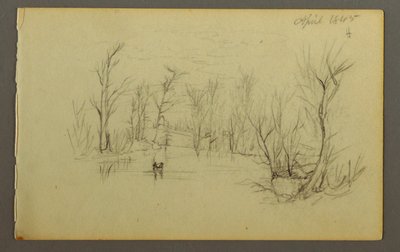 Tekening, Htakie () vijver, twee mensen in kano, 1845 door Frederic Edwin Church