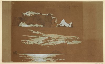 Tekening, IJsbergen bij Cape St. John en Gull Island, Newfoundland, 4 juli 1859 door Frederic Edwin Church