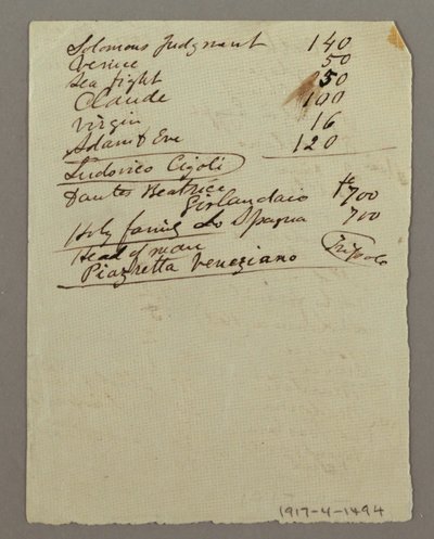 Tekening, Inventaris van schilderijen, mogelijk 1868-69 door Frederic Edwin Church