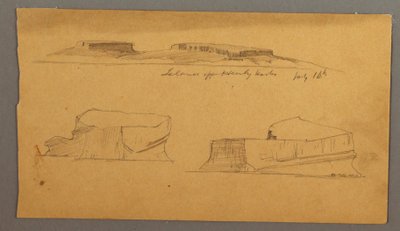 Tekening, Eiland voor de haven van Henly en twee drijvende ijsbergen, 16 juli 1859 door Frederic Edwin Church