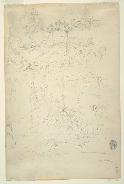 Tekening, Kaaterskill watervallen, Catskill gebergte, New York, juli 1844 door Frederic Edwin Church